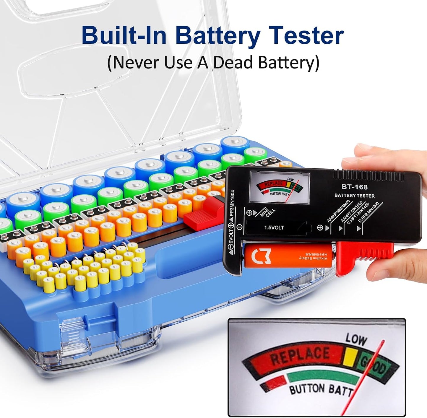 Battery Organizer Storage Case, Battery Storage Holder Organizer Box with Tester - 285 Batteries Double-Sided Variety Pack, Holds AA AAA 4A C D Cell 9V 3V Lithium LR44 CR2 CR123 CR1632 18650 Button