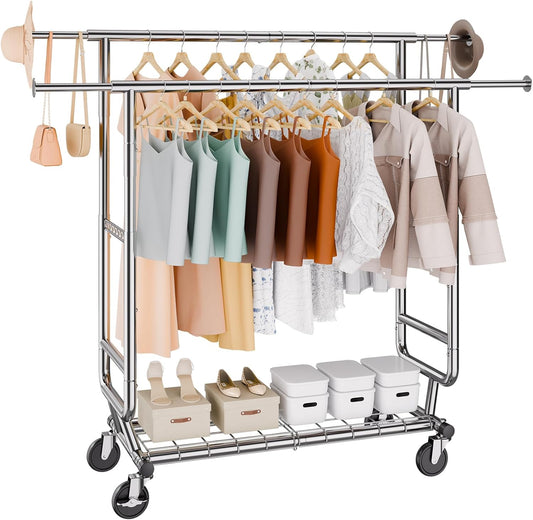 VEVOR Clothes Rack, Rolling Clothing Garment Rack, Extendable Carbon Steel Clothing Racks with Wheels for Bedroom, Laundry, Living Room