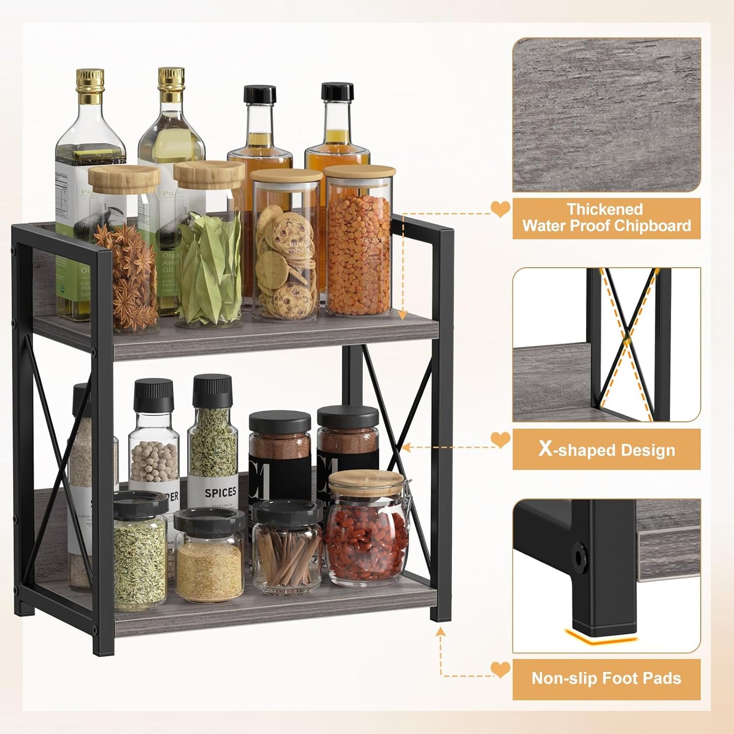Giikin Countertop Shelf Organizer, 2 Tier Coffee Organizer for Desktop, Grey Counter Shelf Spice Rack for Kitchen (Grey, M)