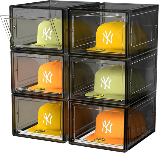 Hat Organizer Box, Stackable Clear Baseball Caps Holder Box Containers with Magnetic Door for Hats Snapback Cap Storag, Hat Rack Display Case, Holds 8 Hats Each (Black, 6 Pack)