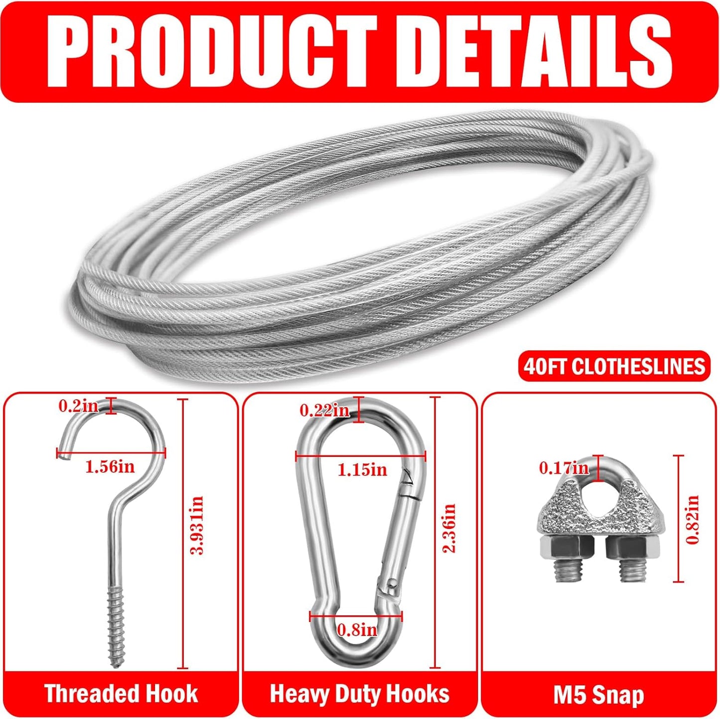 40ft Clothes Line Outdoors 3/16" Wire Ropes Silver PVC Coating Laundry Drying Clothesline with Metal Hooks and Snap Heavy Duty for Umbrella Travel Outside Camping Backyard