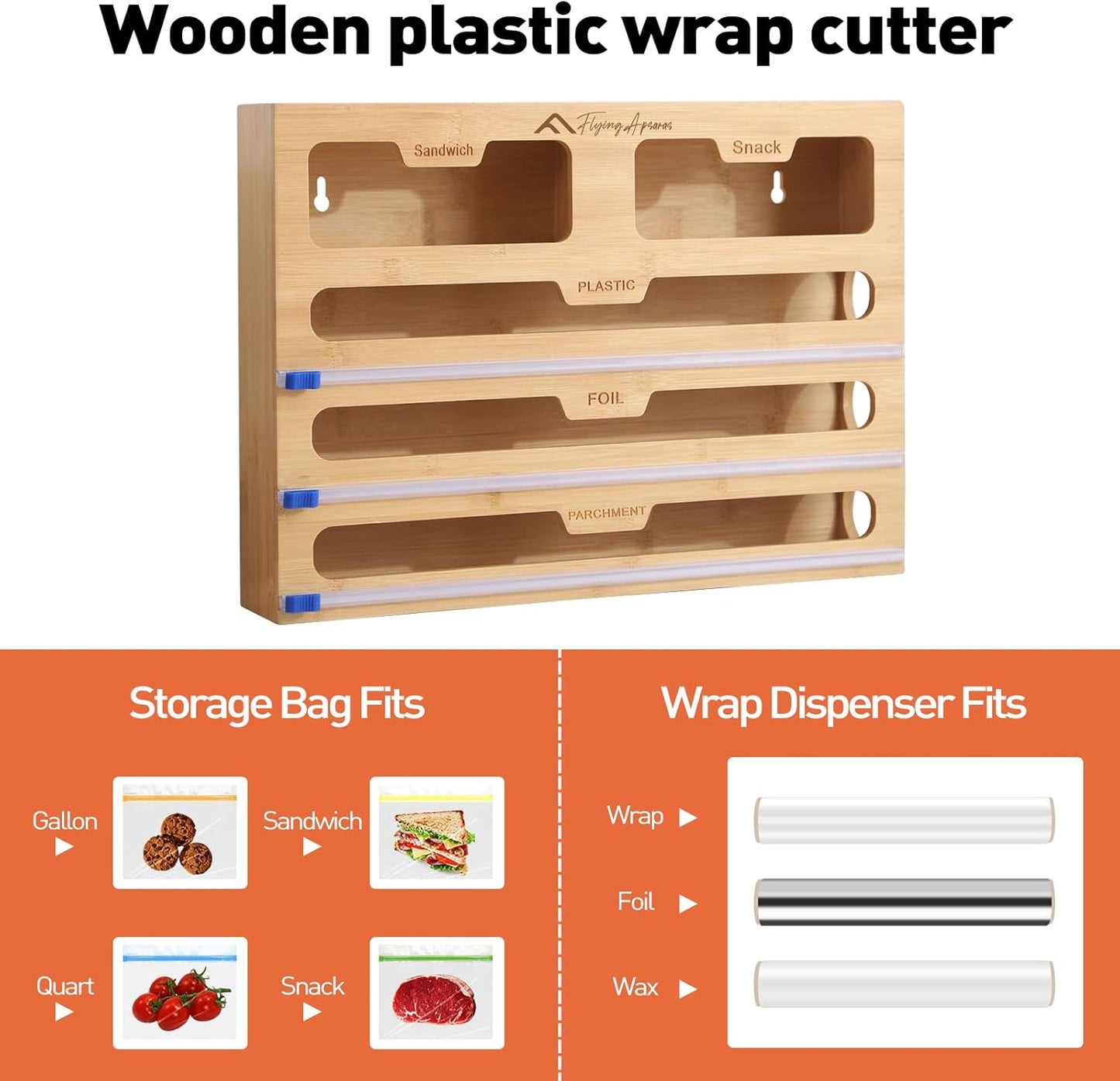 APSARAS USA 5 in 1 Bamboo Foil and Plastic Wrap Organizer for Kitchen Drawer, Ziplock Bag Organizer, Saran Wrap Dispenser with Cutter, Plastic Bag Organizer, Food Storage Bag Organization