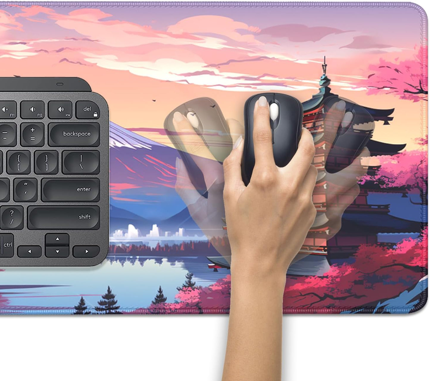 Japanese Cherry Blossoms Mouse Pad,Mount Fuji XL Mousepad Desk Pad with Stitched Edges,Non-Slip Waterproof Rubber Base Mouse Mat Desk Mat for Office Computer Keyboard Laptop Home(27.5x11.8 in)