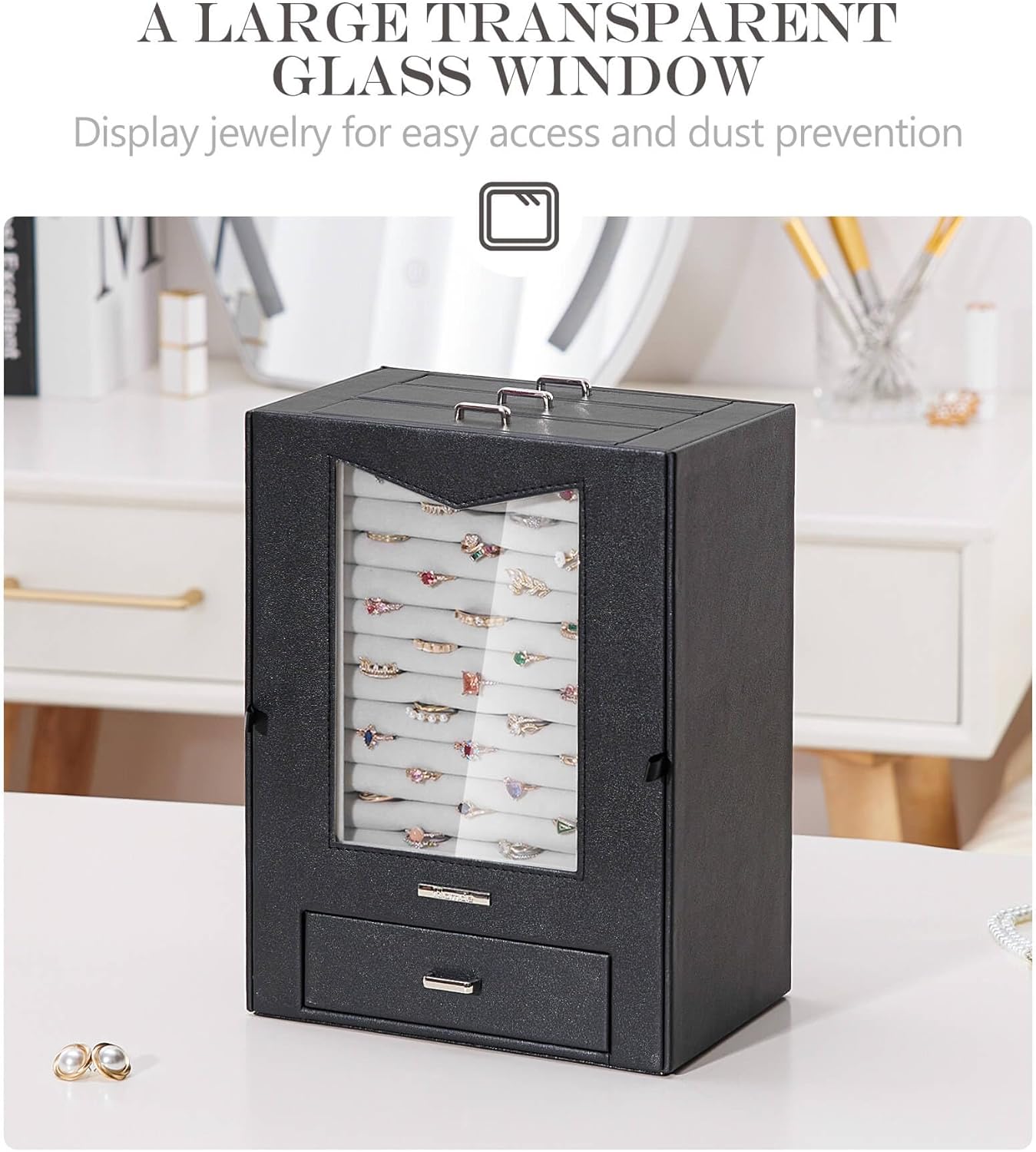 Homde Jewelry Organizer with Transparent Window Necklace Hooks Gift for Women Jewelry Box Display Case for Necklaces Rings Earrings Bracelets and Other Accessories (Black)
