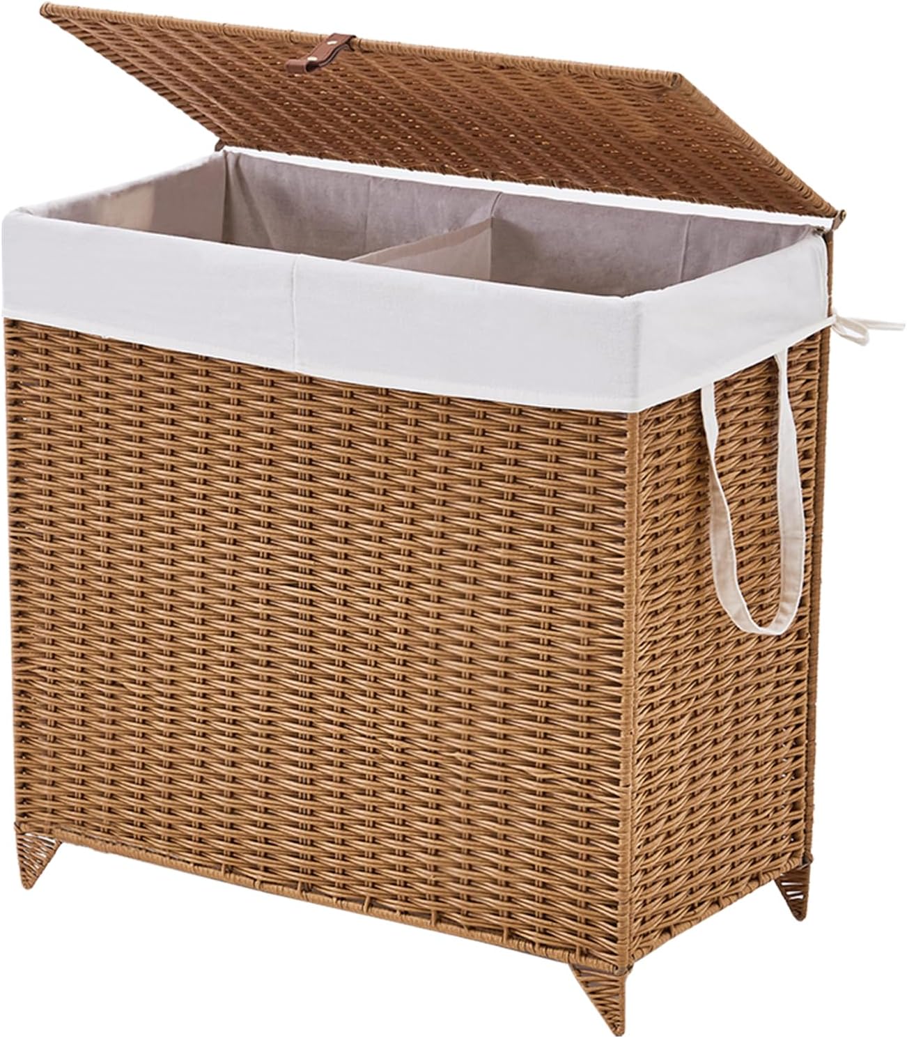 Laundry Hamper with Lid and Removable Liner Bag, Handwoven Rattan Clothes Hamper with Heightened Feet, Wicker Laundry Basket for Clothes and Towels，Large, 2-sections