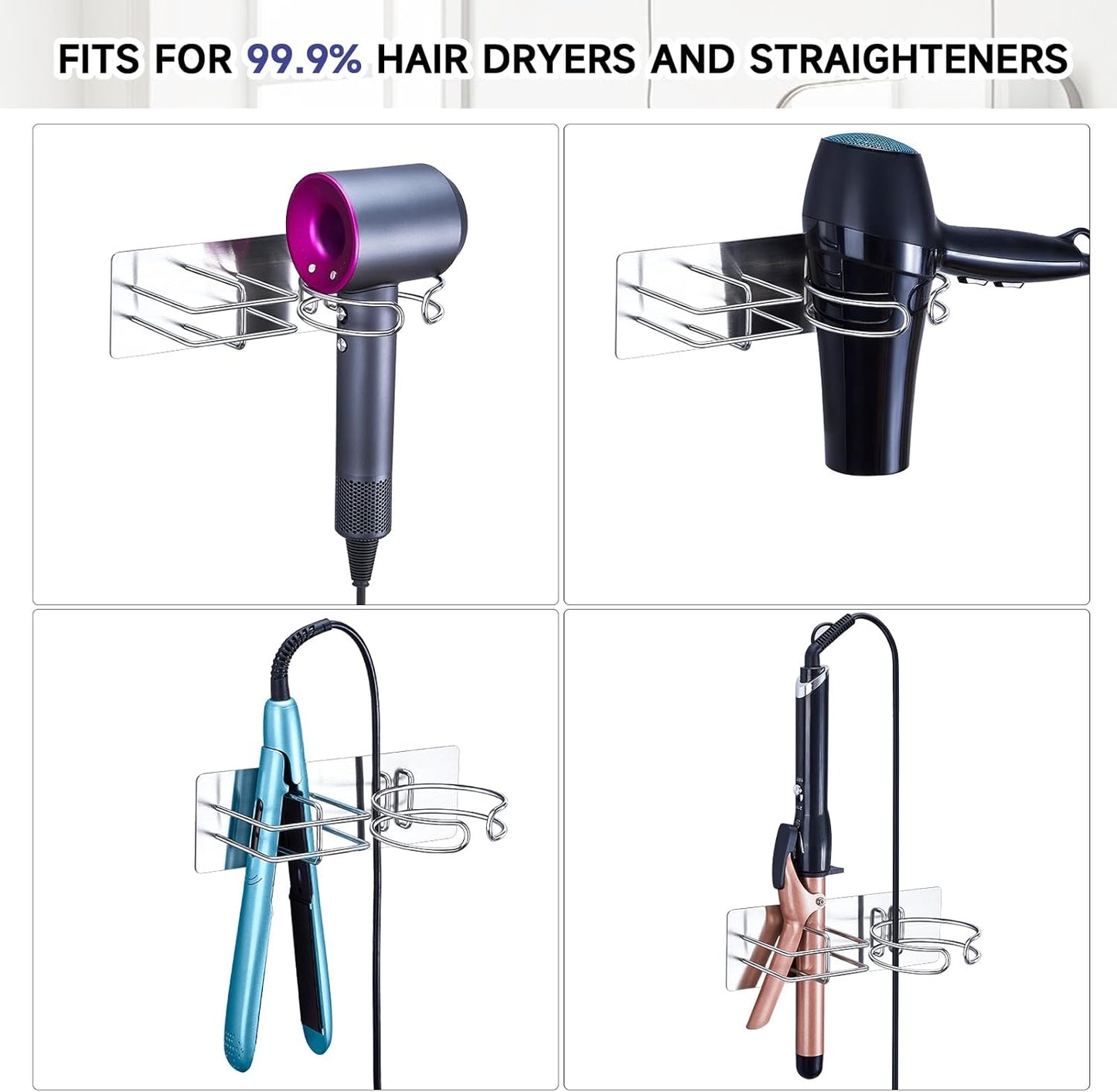 Hair Straightener Holder Hair Dryer Holder Wall Mounted, Blow Dryer and Curling Iron Holder, Blow Dryer Holder Wall Adhesive, Hair Dryer and Straightener Holder for Bathroom Salon (Silver)