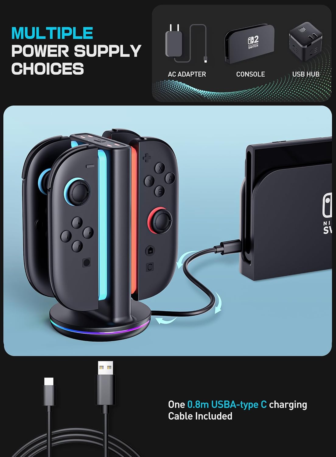 SUPCASE Charging Dock for Nintendo Switch 2 Joy Con, [Supports Dual-Side Charging] [9 Light Modes] Magnetic Controller Fast Charger Stand Station Compatible with Switch 2 Joy Con Accessories, Black