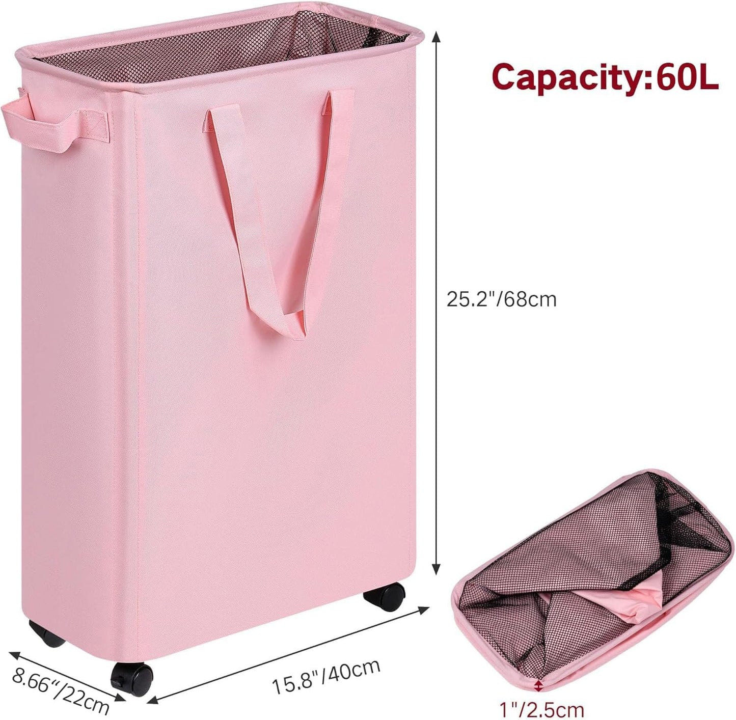 efluky Slim Laundry Hamper with Wheels, Rolling Laundry Basket for Clothes, Small Laundry Basket for Bedroom, Dorm and Laundry Room, 60L (12.7 Gallons) Pink