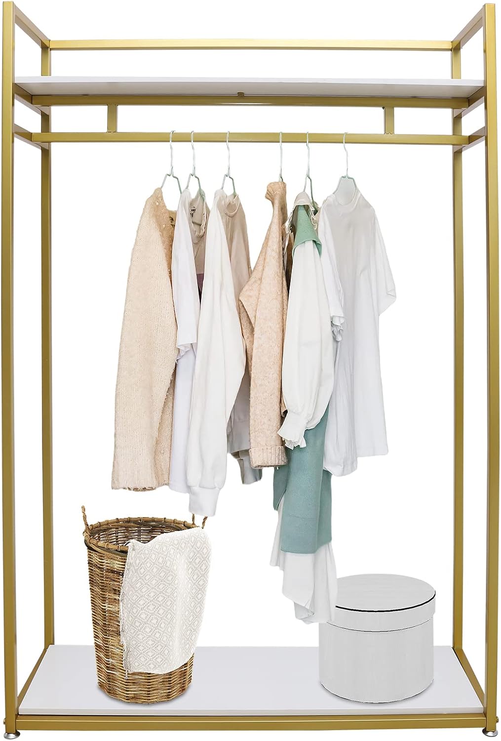 Heavy Duty Clothing Rack with Shelves, Gold Metal Freestanding Garment Rack for Retail Display, Rolling Portable Closet for Hanging Long Dresses Clothes Shoes Bags