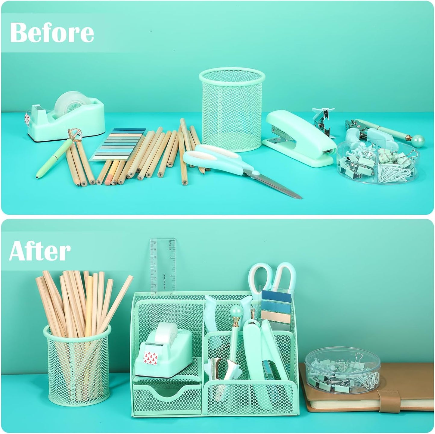 Green Desk Organizers and Accessories, Teal Office Supplies Set Green Mesh Desk Organizer, Stapler, Tape Dispenser, 1000 Staples, Staple Remover, Pen Holder, Clips Set, Ruler, Scissors