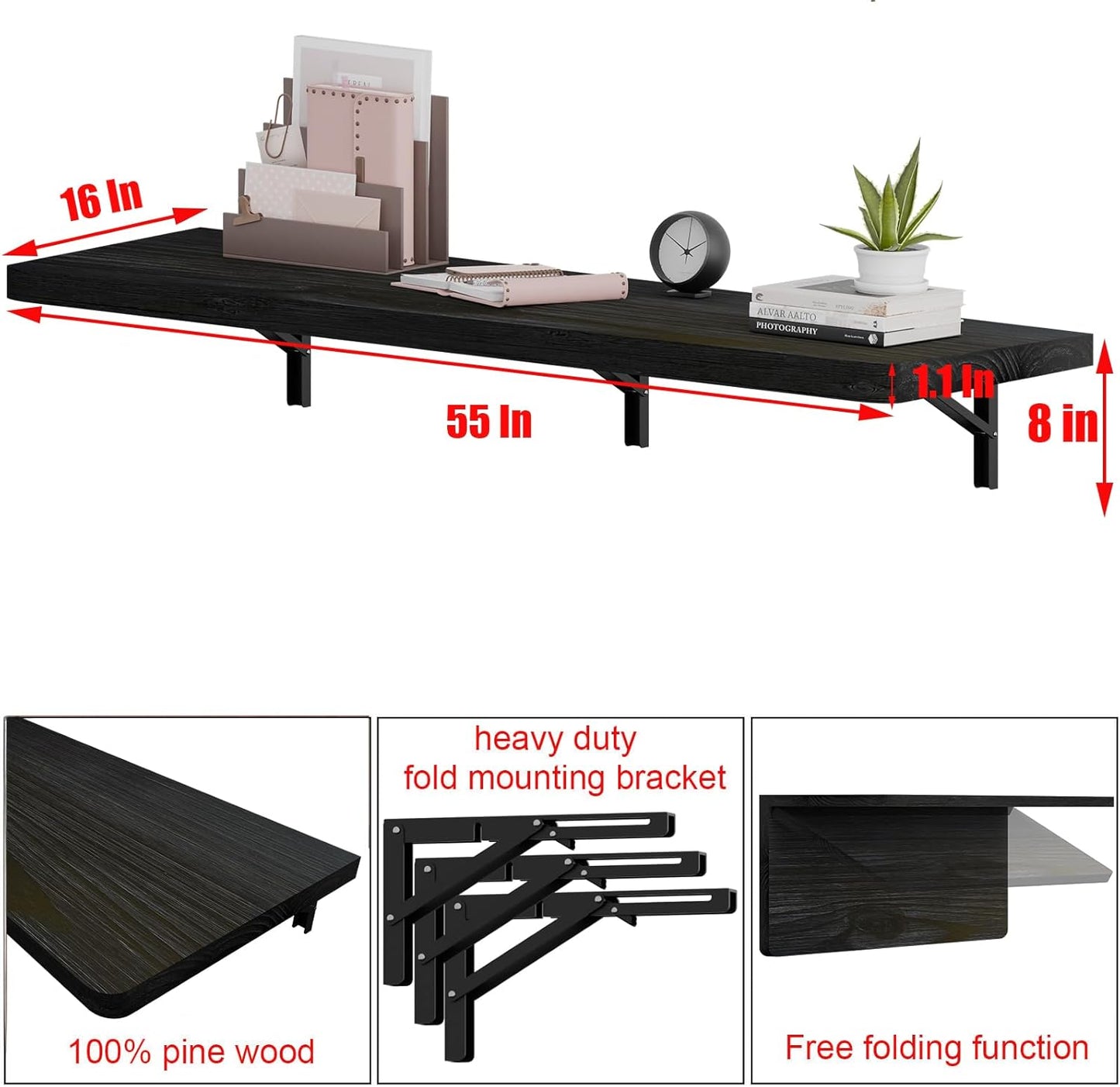 IAE Wall Mounted Folding Table with Pine Wood,55" x 16" Floating Wall Desk,Laundry Folding Table with Shelf Brackets,Fold Down Desk Shelf,Folding Workbench for Home,Dining,Laundry Room,Kitchen,Black