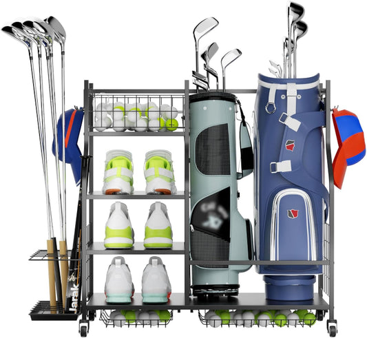 Golf Organizer for Garage, 3 Bag Golf Bag Holder Stand with Shelves & Club Rack, Multi-Functional Adjustable Golf Equipment Storage System