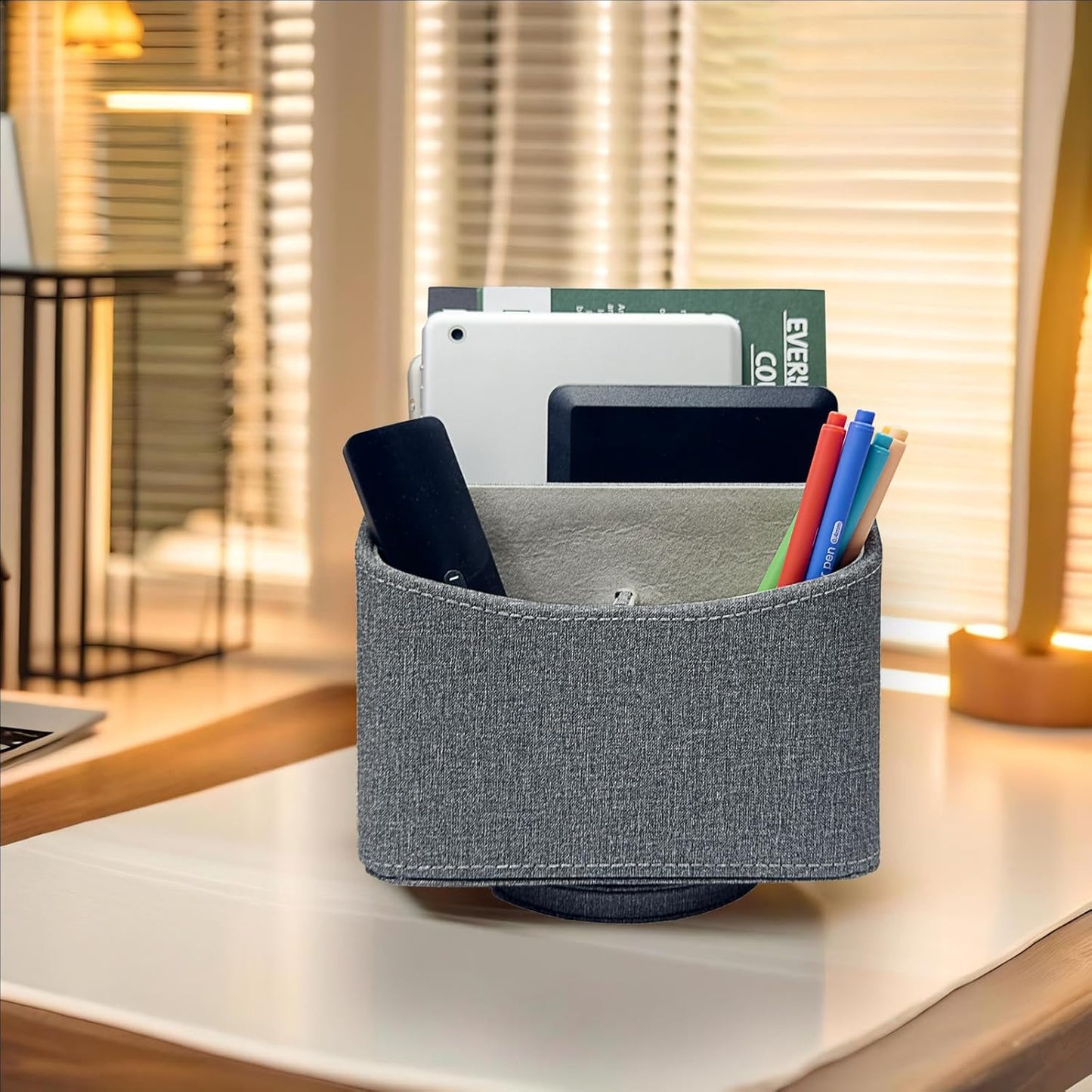 UnionBasic Rotating Desk Organizer, 360 Degree Desk Spinning Caddy, Desktop TV Guide/Mail/Media/Remote Controller Holder Organizer, Grey Linen Texture