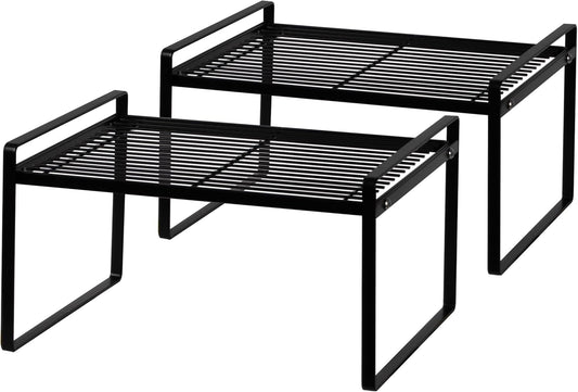 2Pack Kitchen Cabinet Shelf Counter Organizer Rack Pantry Storage Bathroom Bedroom Office Table Desk Space Saving Stackable Rust Resistant Non Slip Black Wide L13.1in W10.6in H7.3in