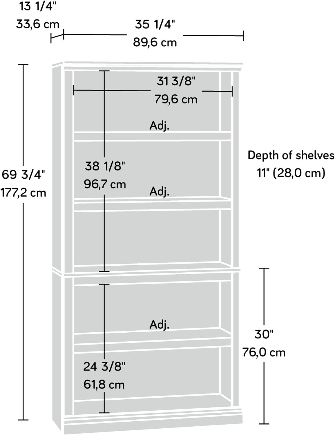 Sauder 5 Tier Book Shelf Wooden Bookcase Multipurpose Bookshelf for Home Office, Living Room, in Jamocha Wood