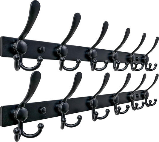 Dseap Coat Rack Wall Mount 2.0 Pro: 24” Long, 3X Tougher, Heavy Duty Stainless Steel Wall Coat Hanger with 6 Tri Hooks for Clothes Jackets Hats Entryway Closet, Black, Pack of 2