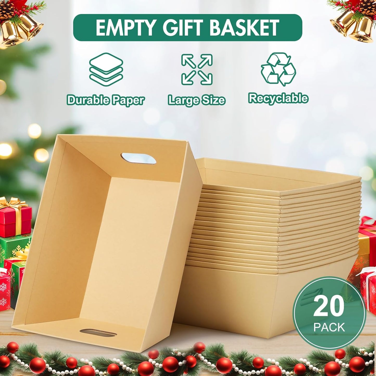 AFOROEOA 20PACK Baskets for Gifts Empty, 10x12”Thick Kraft Gift Basket with 20 Bows 20 Bags Empty Gift Baskets for Christmas, Valentine’s Day, Easter, Birthdays, Snacks, Farmers Market