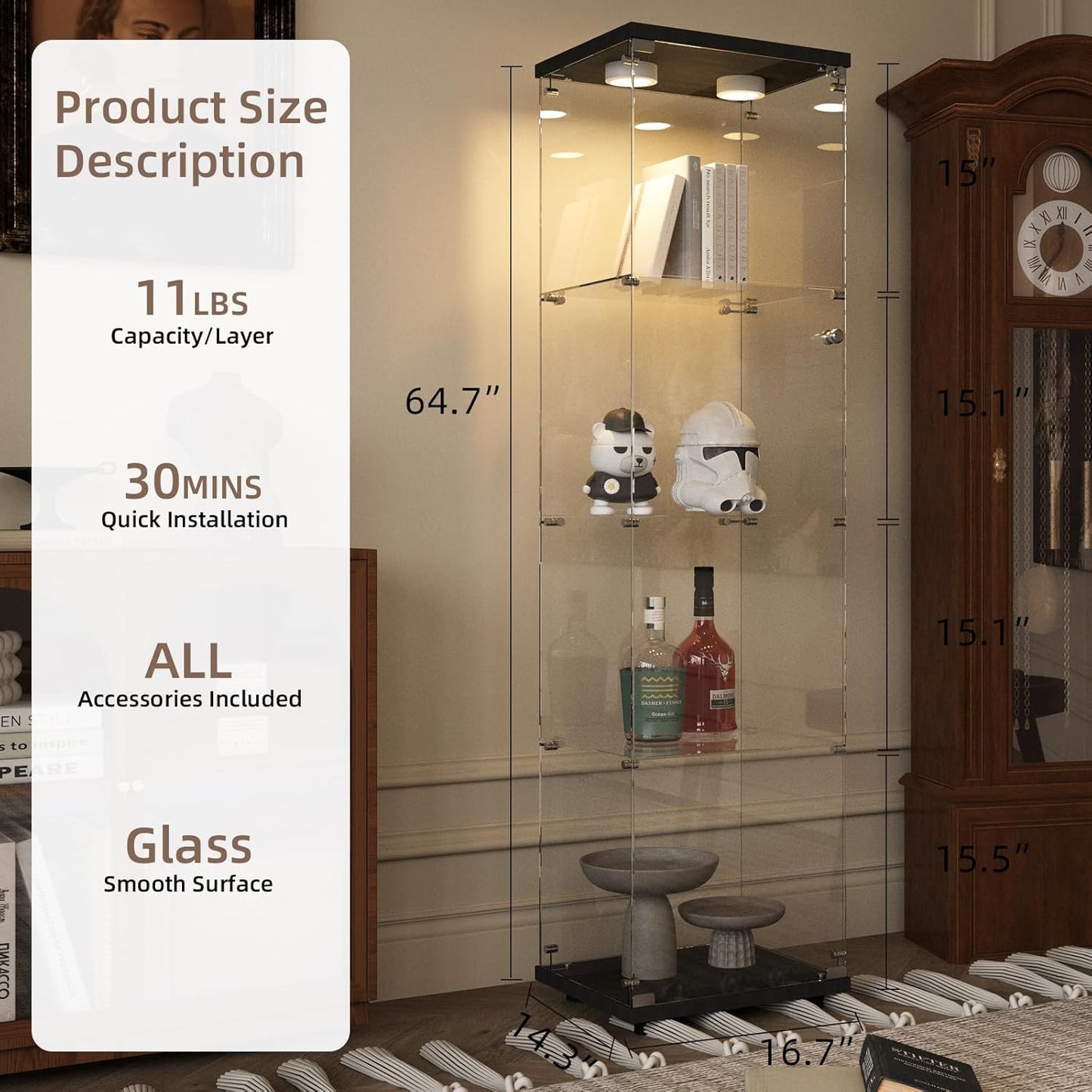Beauty4U Glass Display Cabinet with Light, 4 Shelves, Curio Cabinets for Living Room, Bedroom, Office, Black Floor Standing Glass Bookshelf, Quick Installation