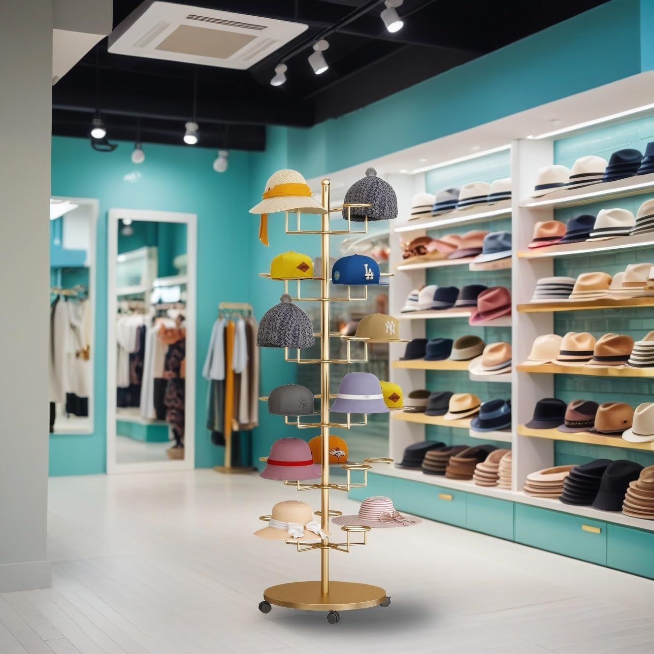 Hat Rack Stand 40-Hooks, Hat Display Stand Metal,Hat Display for Stores， Home or Store of Standing hat Rack(Gold,8th Floor)