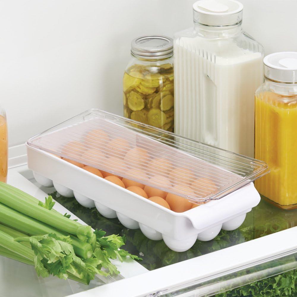 iDesign Plastic Egg Holder for Fridge with Lid - 21 Egg Storage Container Organizer Bin, Clear/White