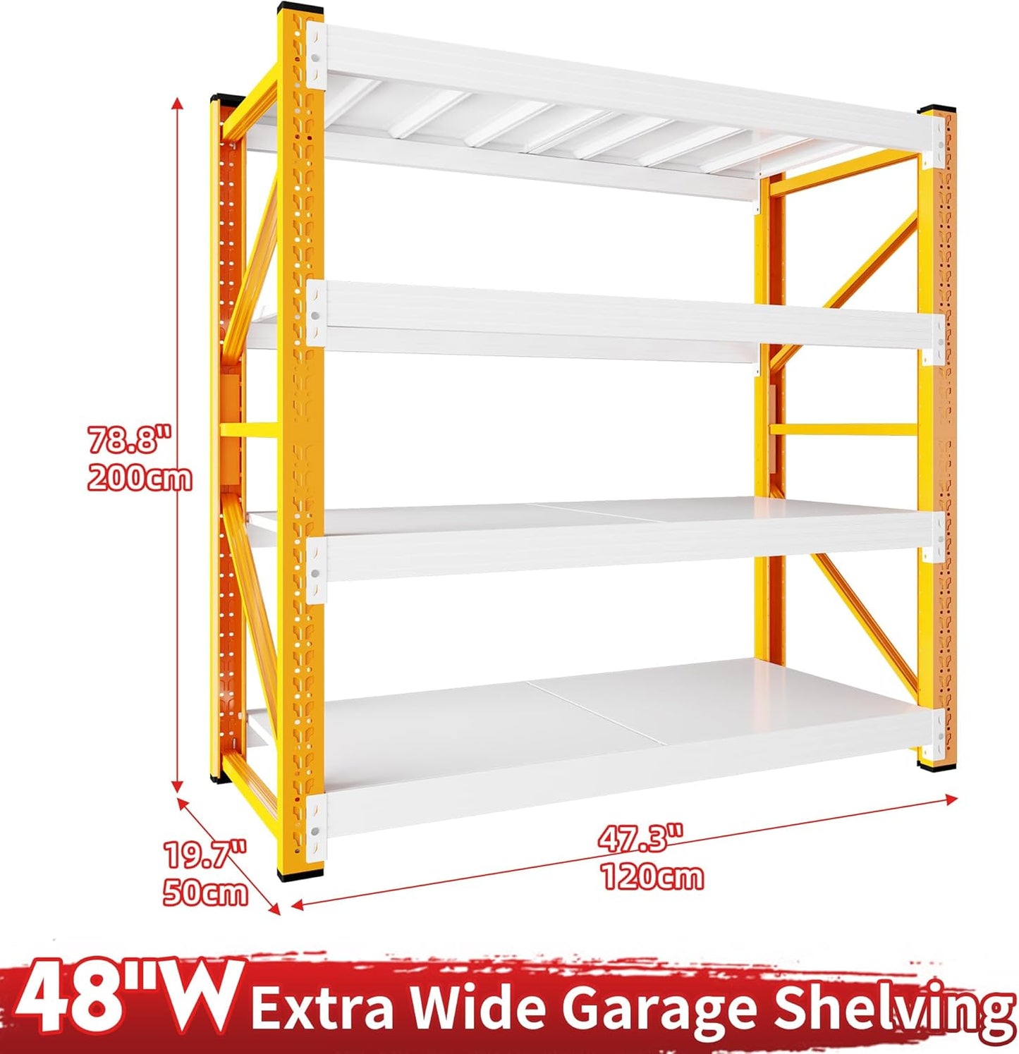 4000LBS Garage Shelving 48" W Garage Shelving Heavy Duty 4-Tier Metal Storage Shelves Adjustable Shelf Unit Storage Rack for Basement Supermarket Warehouse 48" W x 20" D x 78" H Orange-White