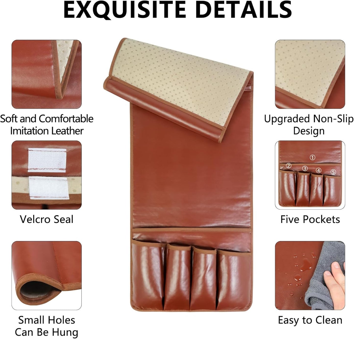 Non-slip Couch Organizer Armchair Caddy, Artificial Leather TV Remote Control Holder Bedside Caddy with 5 Pockets for Key Glasses Phone Magazine Holders.