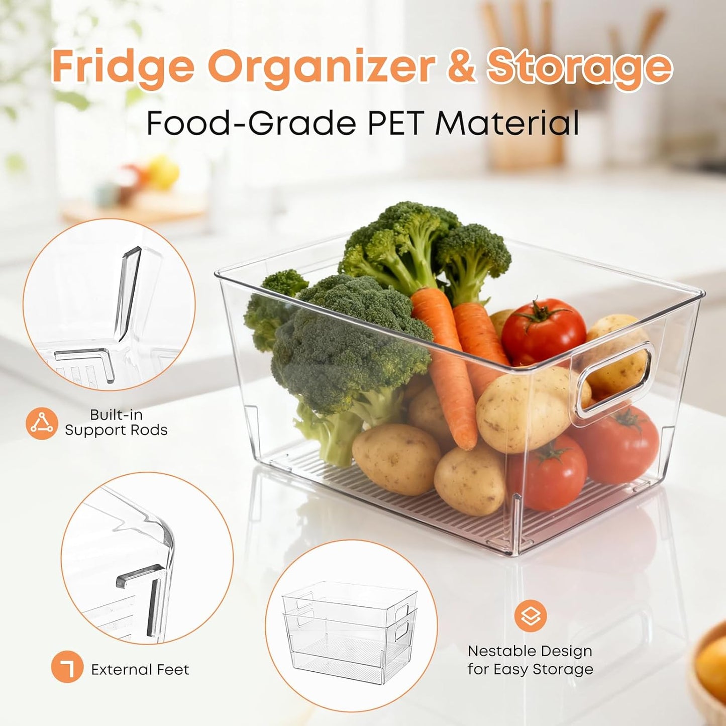 MOONEDGE 4 Pcs Clear Plastic Storage Bins, 11"x8"x6" Food-Grade Stackable Containers with Handles and Open-Top Design, Durable Pantry Organizer for Kitchen, Bathroom, Office, Fridge & Closet