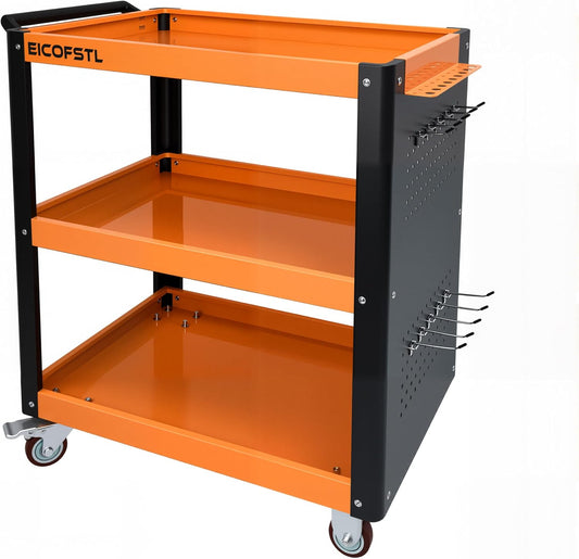 Stainless Steel Utility Cart with Pegboard & Screwdriver Holder, Heavy-Duty Alloy Steel 3-Tier Tool Cart, 500LB Capacity, 4 Wheels with 2 Locking Casters for Garage, Workshop, Home