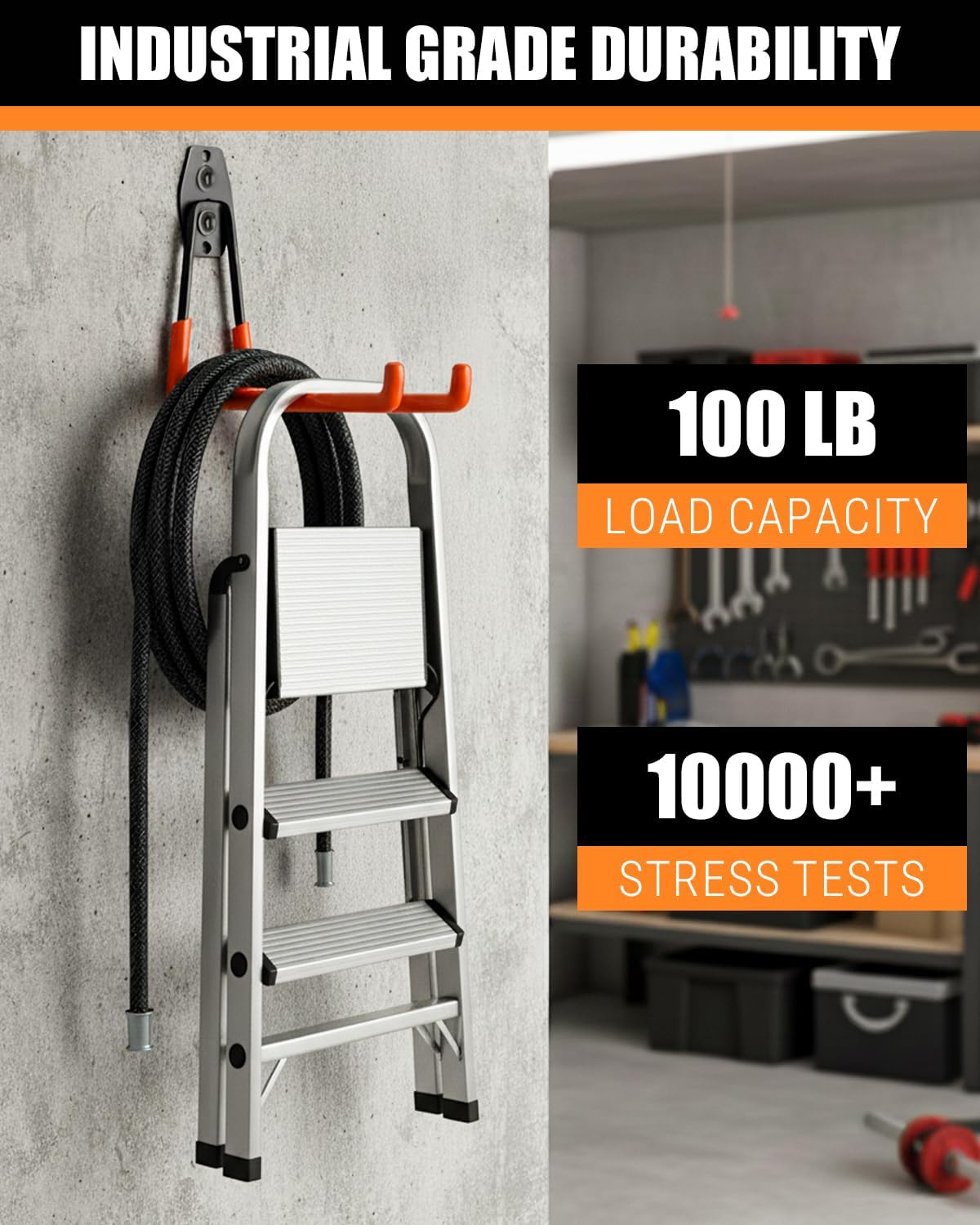 WMK Garage Hooks 4 Pack Wall Storage Hooks Heavy Duty Steel Tool Hangers for Utility Organizer, Wall Mount Holders for Garden Lawn Tools, Ladders, Bike (Orange)