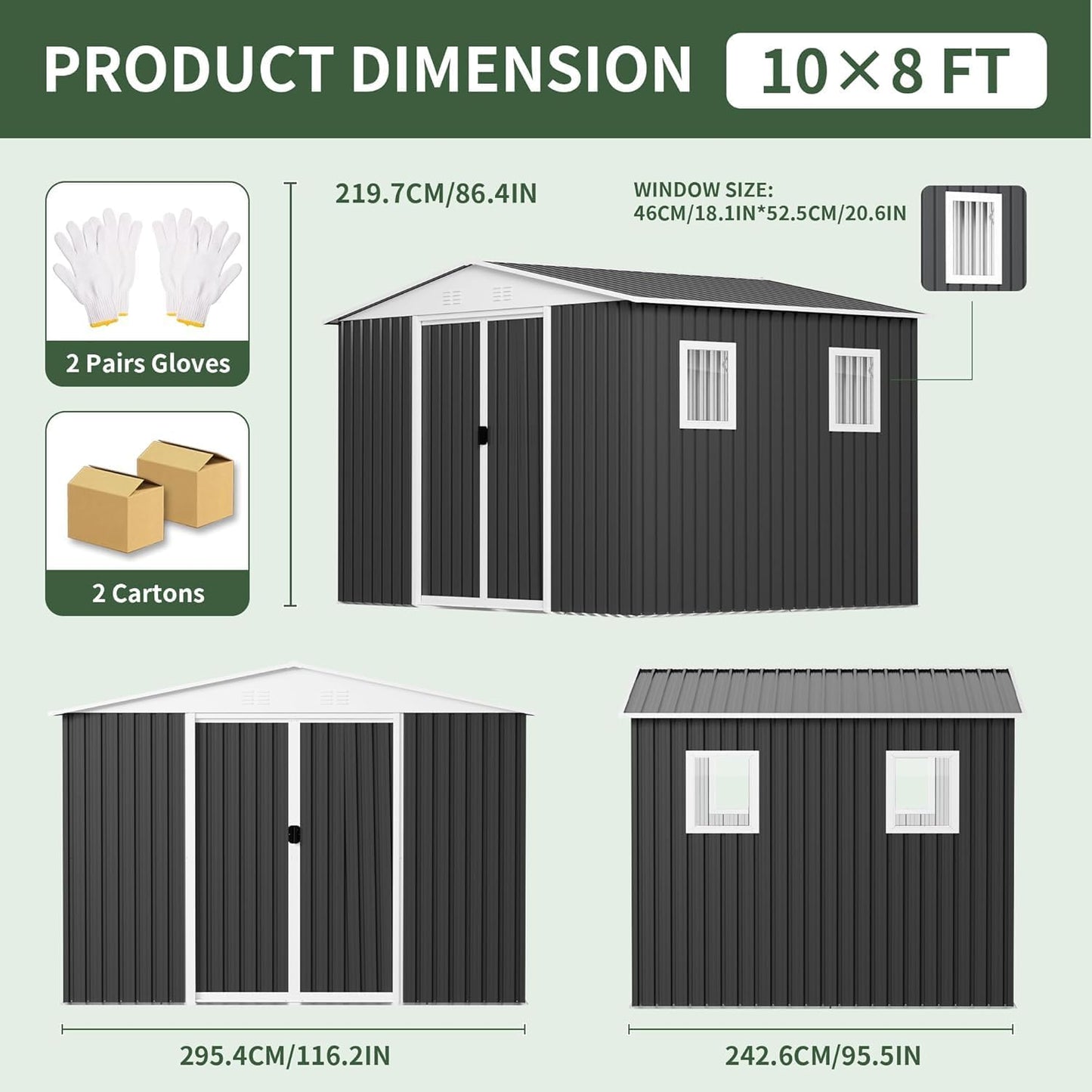 10FT x 8FT Outdoor Storage, Metal Anti-Corrosion Utility Tool House with Lockable Door & Shutter Vents，Outdoor Waterproof Garden Tool Storage Sheds（with 4 Transparent Window）