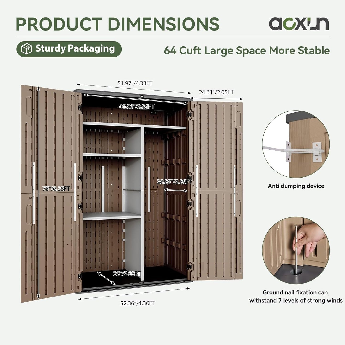 Aoxun Outdoor Storage Shed with Metal Shelving Kit & Floor, 64 Cu.Ft Large Outdoor Storage Cabinet, Waterproof Vertical Resin Shed for Garden Tools, Pool Equipment, Brown