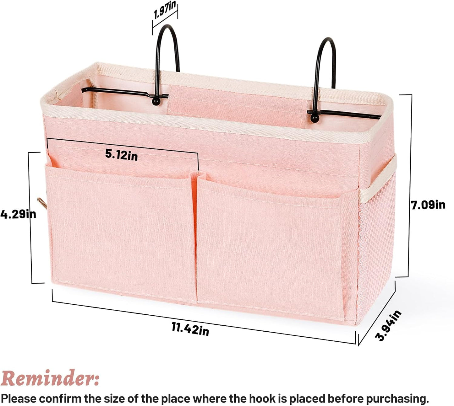 Bedside Caddy Hanging Storage with Water Bottle Holder for Bunk Bed Hospital Bed Dorm Rooms (Pink)