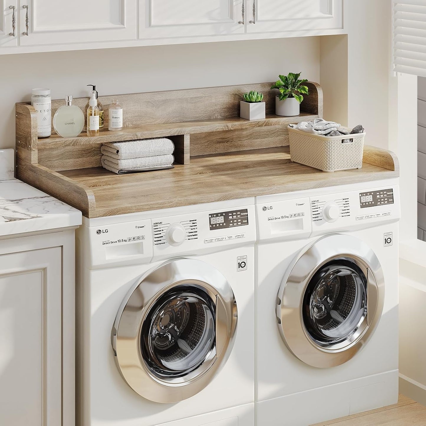 2-Tier Washer Dryer Countertop with 2.75" H Edge Rails, 54" W x 27.55" D Laundry Countertop for Folding Clothes, Washer and Dryer Topper with Non-Slip Pad (White Oak)