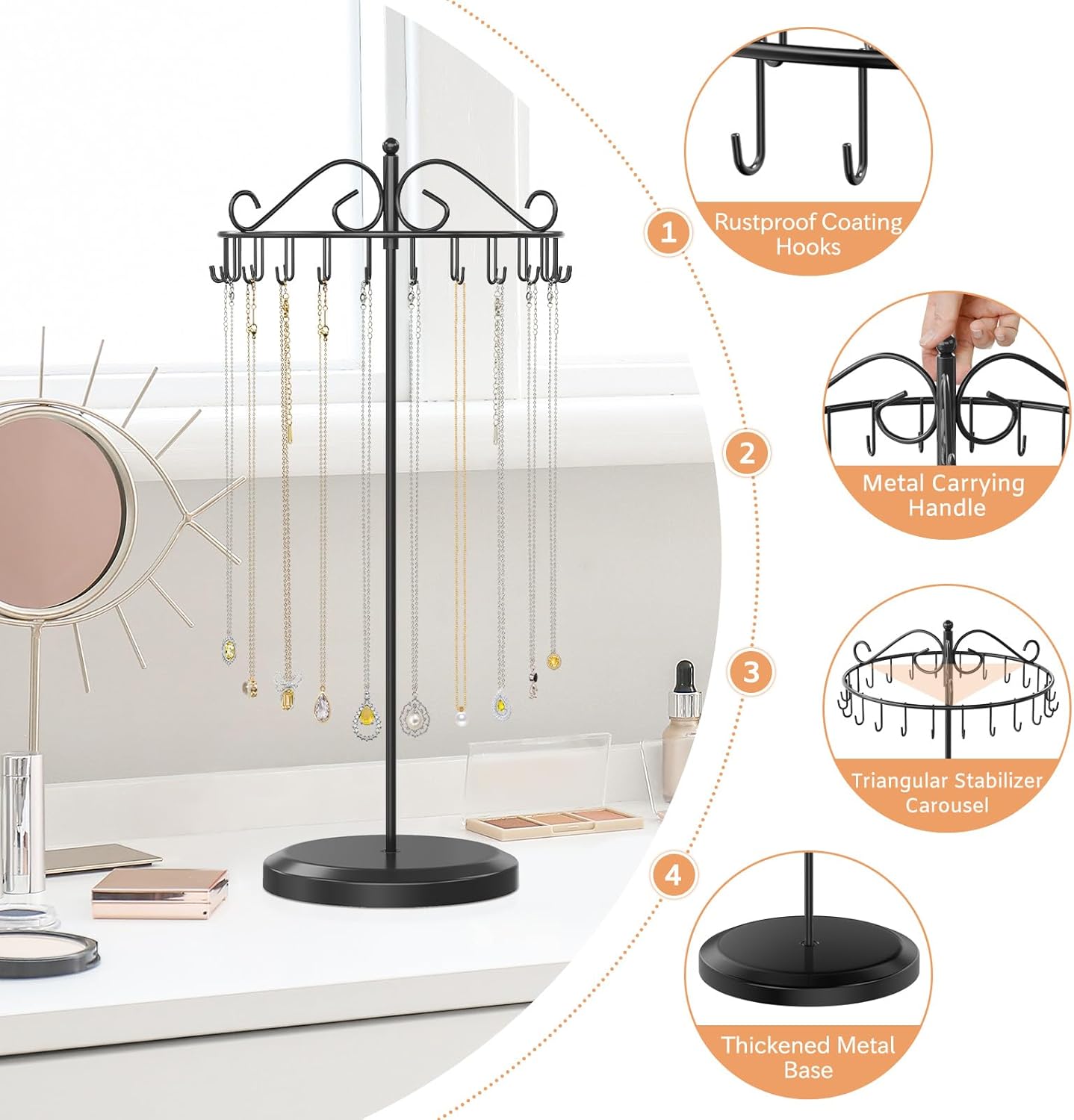 iDavosic.ly Rotating Necklace Holder Organizer with 24 Hooks, Adjustable Metal Bracelet Display Stand Rack, Extra Tall Keychain Spinning Tree Tower for Women, Black