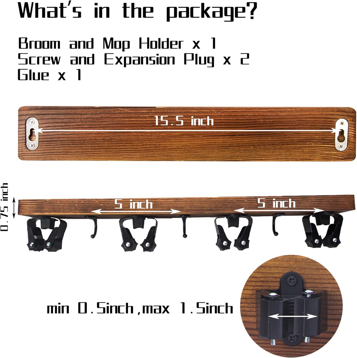 2 Pack Mop and Broom Holder Wall Mount Solid Wood Broom Rack Wall Mount 4 Positions 3 Hooks for Home, Kitchen, Garden, Tools, Garage Organizing, Cleaning Supplies Organizer Indoor Outdoor