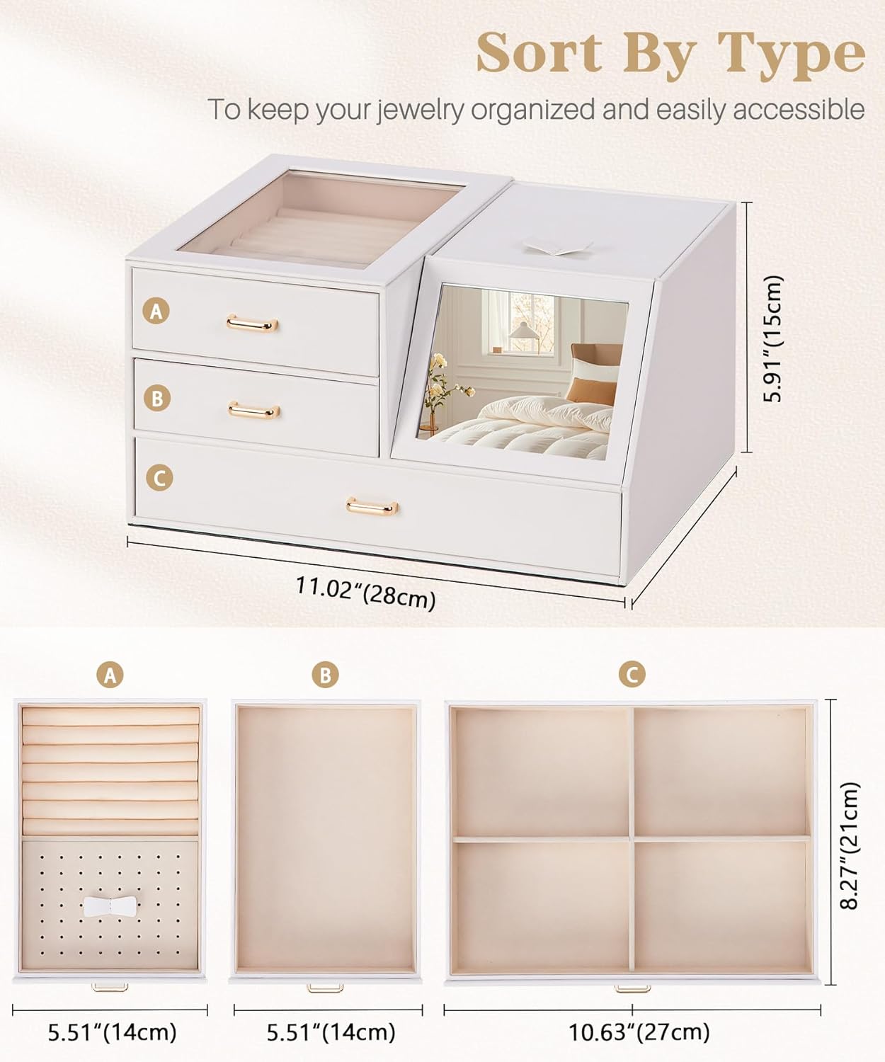 Homde Women Mirror Jewelry Box: Organizer Case with Clear Lid for Ring Necklace Earring - Christmas Gift for Young Women (White)