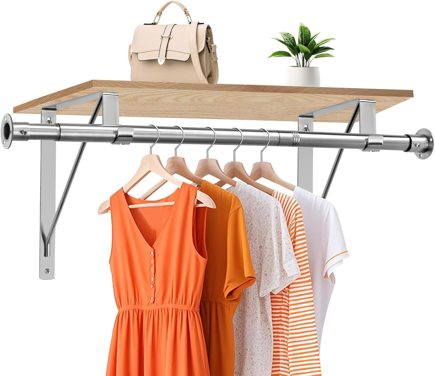 Closet Rod, 16 to 51 Inch Closet Rods Heavy Duty Adjustable Wardrobe Poles for Hanging Clothes and Heavy Duty Bracket Closet Pole Support (The Shelf NOT Included)(Silver)