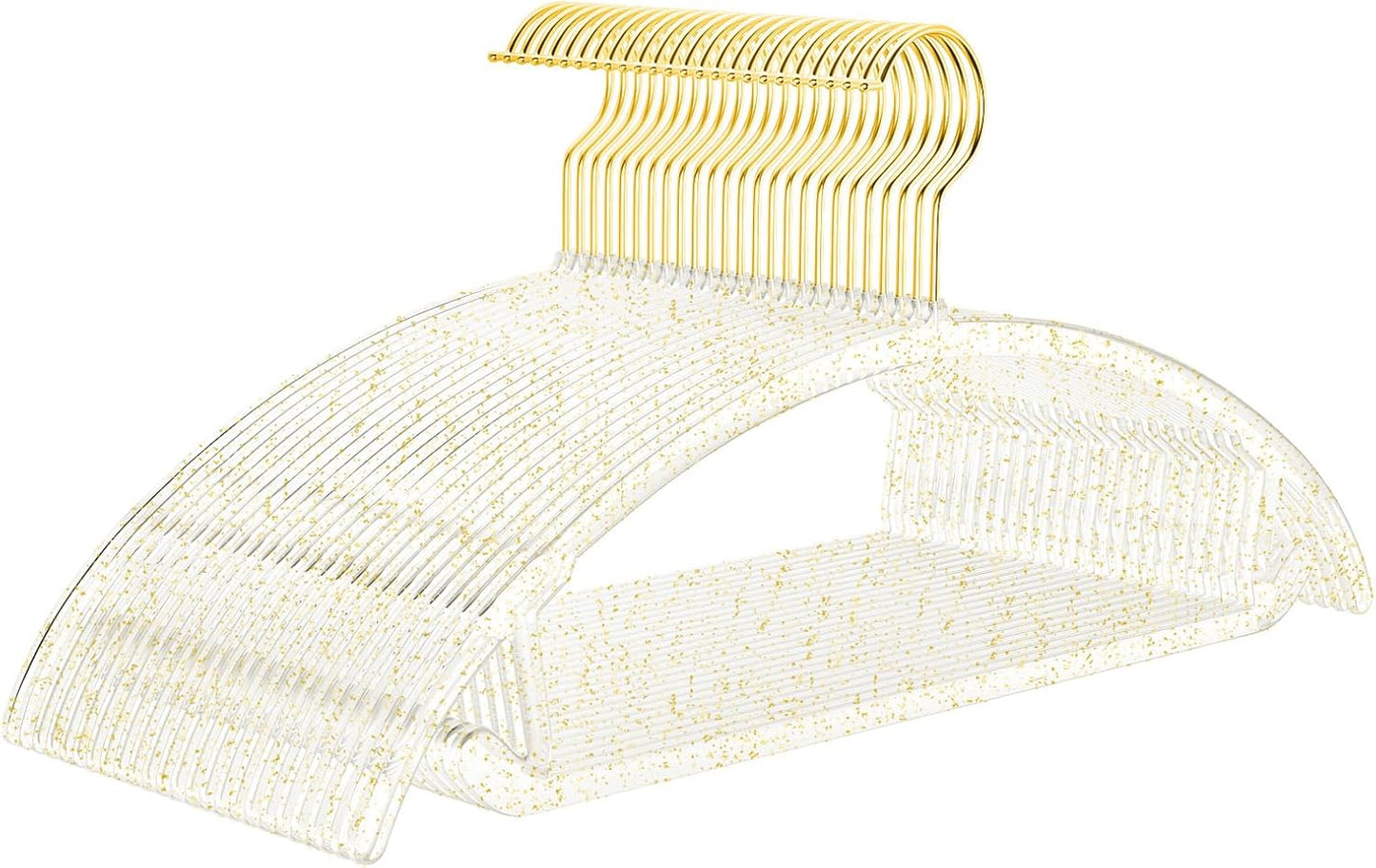MIZGI Premium Clear Hangers with Gold Glitter (50-Pack) - Heavy-Duty Acrylic Suit Hangers with Gold Hooks - No Shoulder Bump Space Saving Clothes Hangers for Jackets, Coats, Dresses