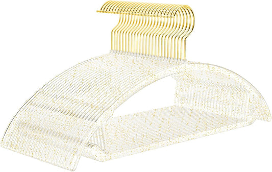 MIZGI Premium Clear Hangers with Gold Glitter (50-Pack) - Heavy-Duty Acrylic Suit Hangers with Gold Hooks - No Shoulder Bump Space Saving Clothes Hangers for Jackets, Coats, Dresses