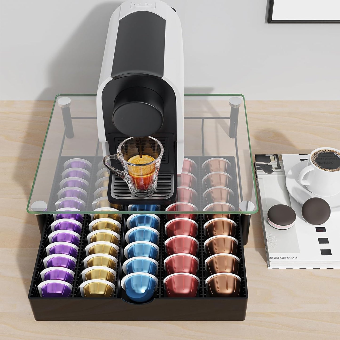 Coffee Pod Drawer Organizer with Tempered Glass Lid - Compatible with Nespresso Vertuo, Holds Up to 60 Small or 40 Large Capsules (Glass)