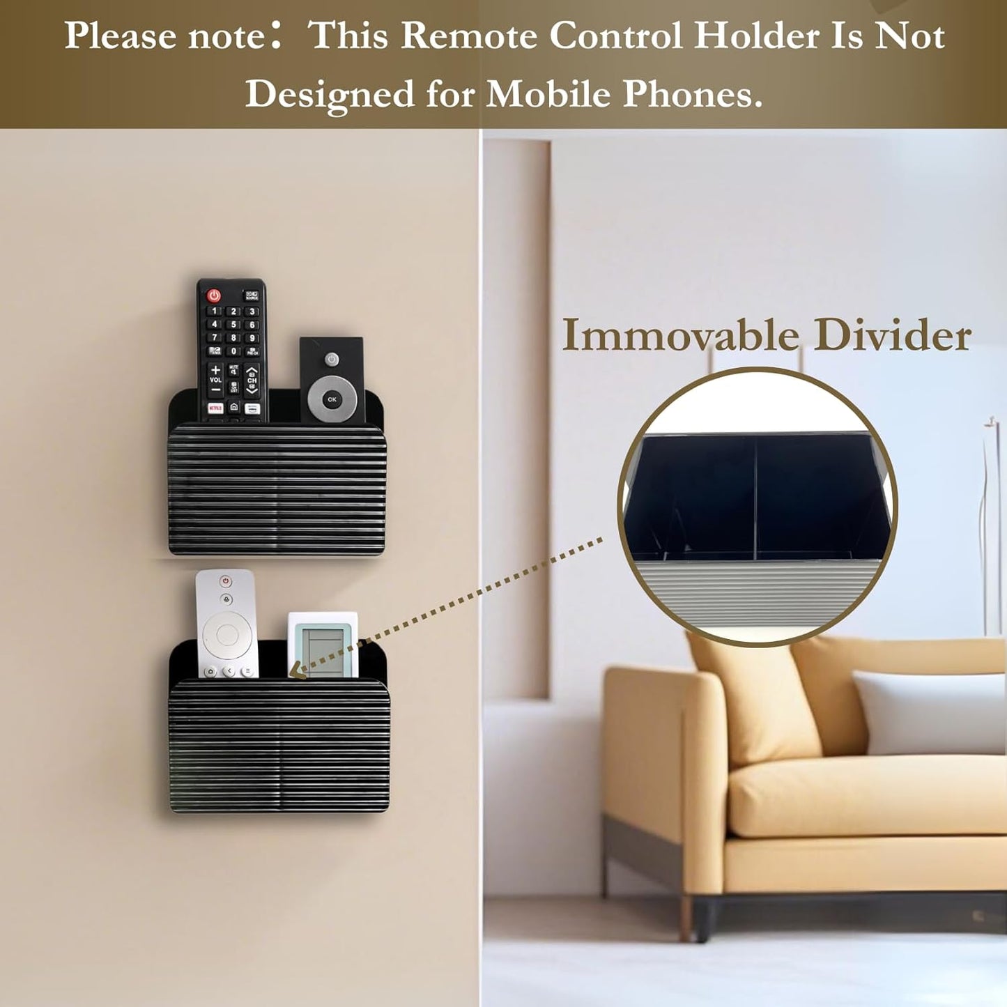 LINFIDITE 2 Pack Adhesive TV Remote Control Holder Wall Mount TV Remote Holder For Bedside Wall Remote Control Caddy Storage Organizer Stand Box （For 2 Or 4 Remote Controls – Black）
