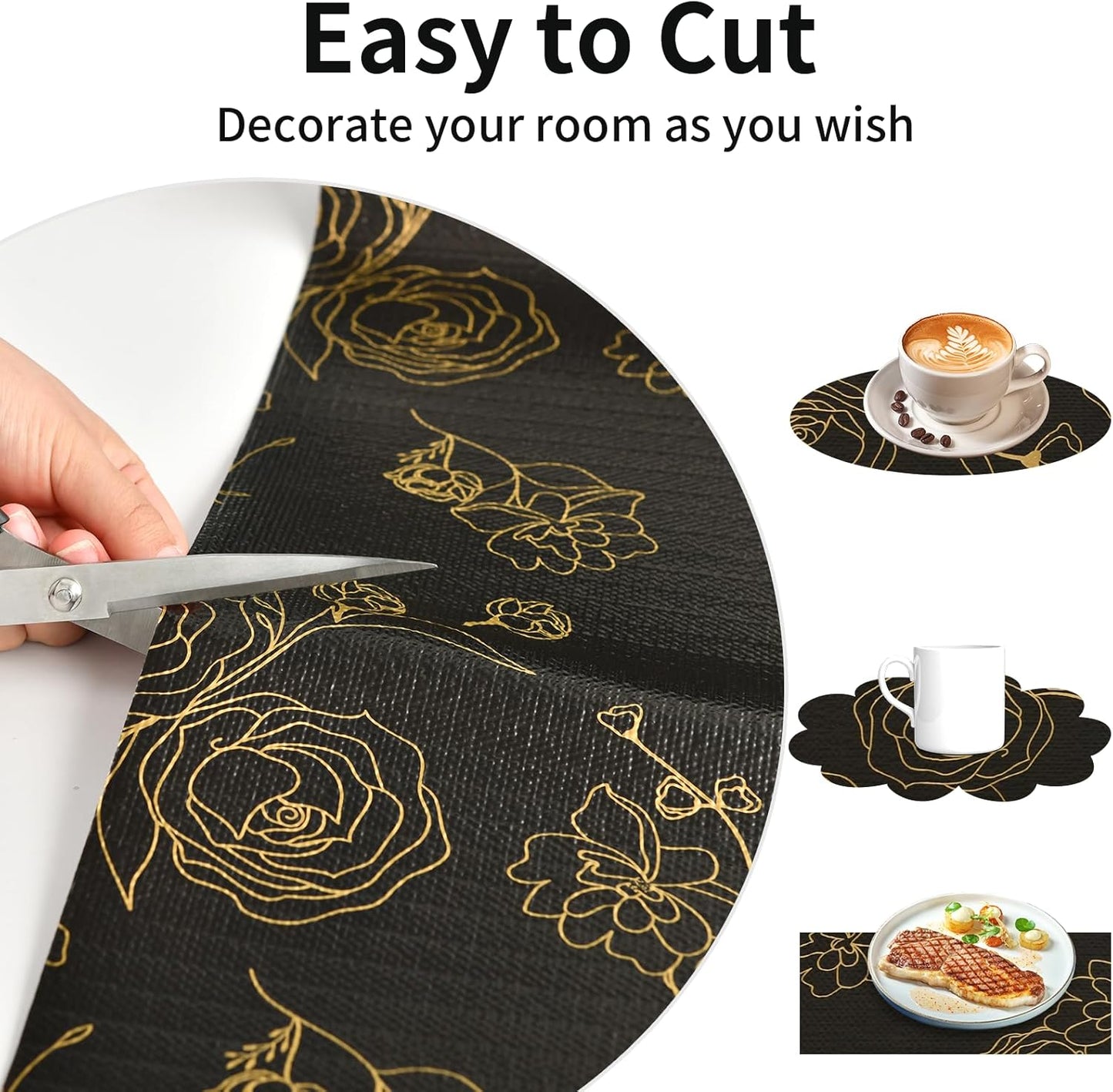 Shelf Liners for Kitchen Cabinets 17.5in x 30FT Non Adhesive Drawer Liner Black Floral Thickened Shelf Liner Paper Strong Non-Slip Easy to Clean for Tool Box Refrigerator with Knife and Tape Measure