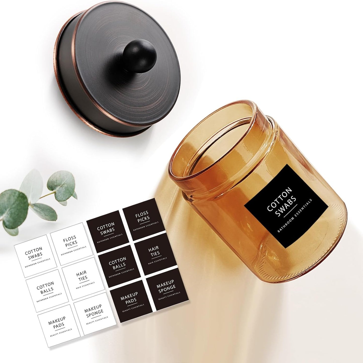Amolliar Amber Bronze Glass Apothecary Jar With Metal Lid & Labels, Bathroom Qtip Holder Dispenser Storage Canister, Perfect for Cotton Balls, Cotton Swabs, Makeup Pads, Bath Salt, Floss, 4 Pack (ORB)