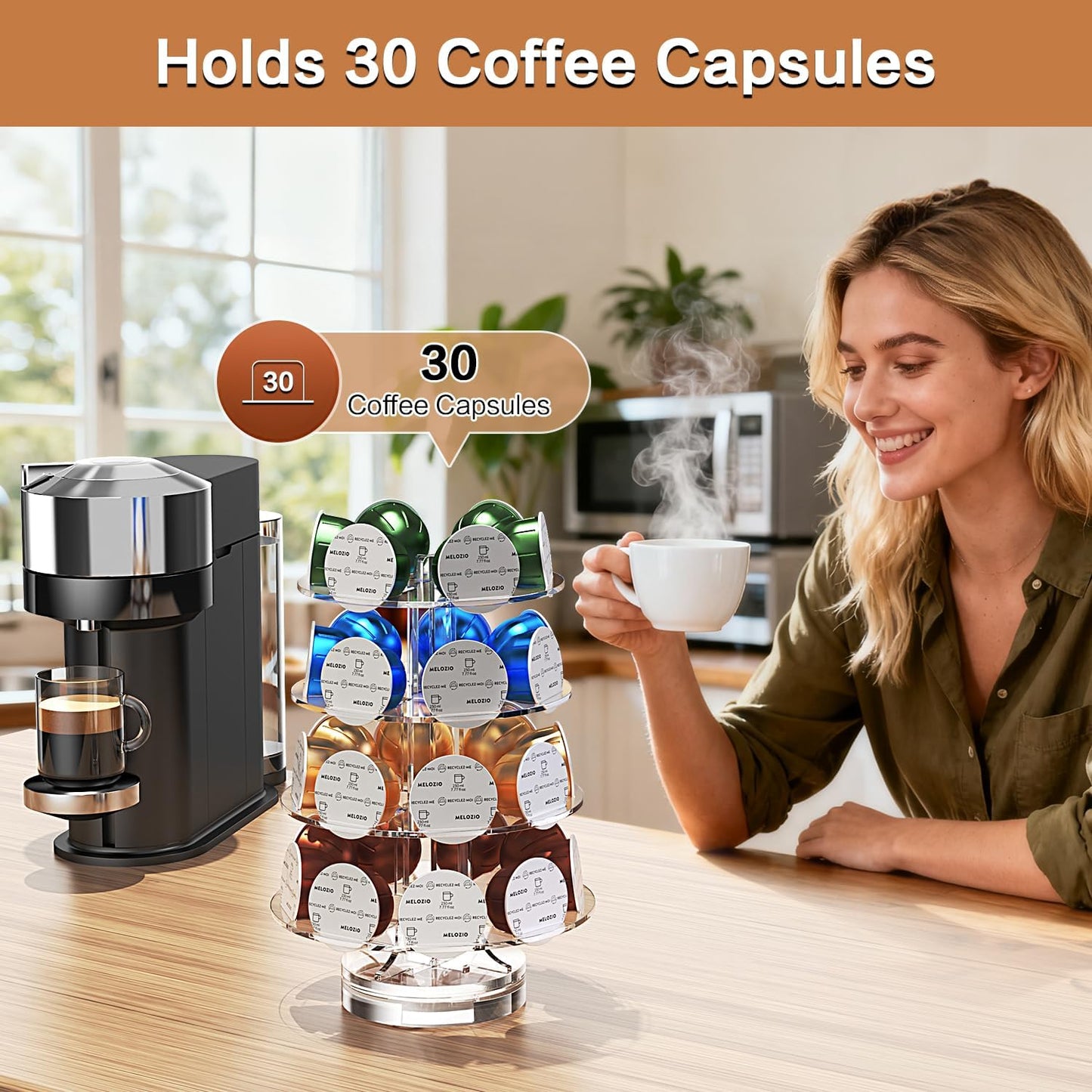 Coffee Pods Holder Acrylic Carousel Compatible with 30 Nespresso Vertuo Capsules And Keurig K-cup Pods, Space-Saving Coffee Pod Storage Organizer for Small Countertop