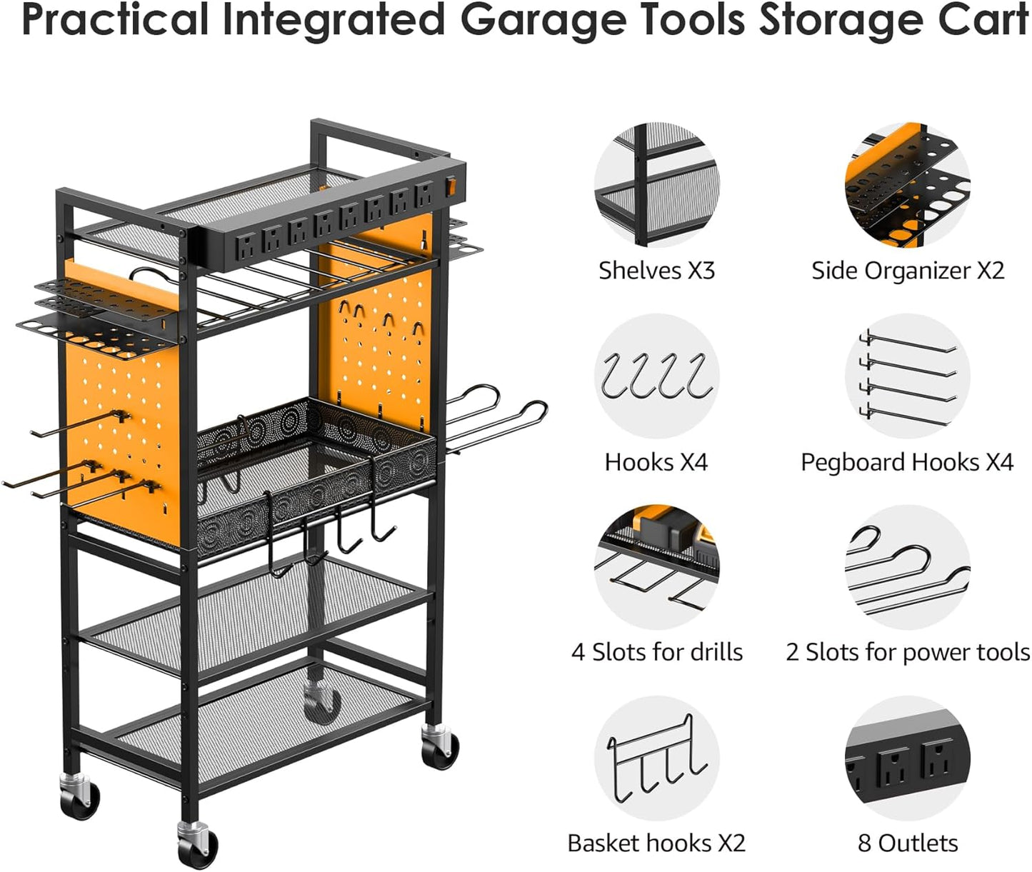 CCCEI Power Tool Organizer Cart with Charging Station, Garage Floor Rolling Storage Cart on Wheels for Mechanic, Mobile 6 Drill, Tool Box Utility Cart with Power Strip, Yellow.