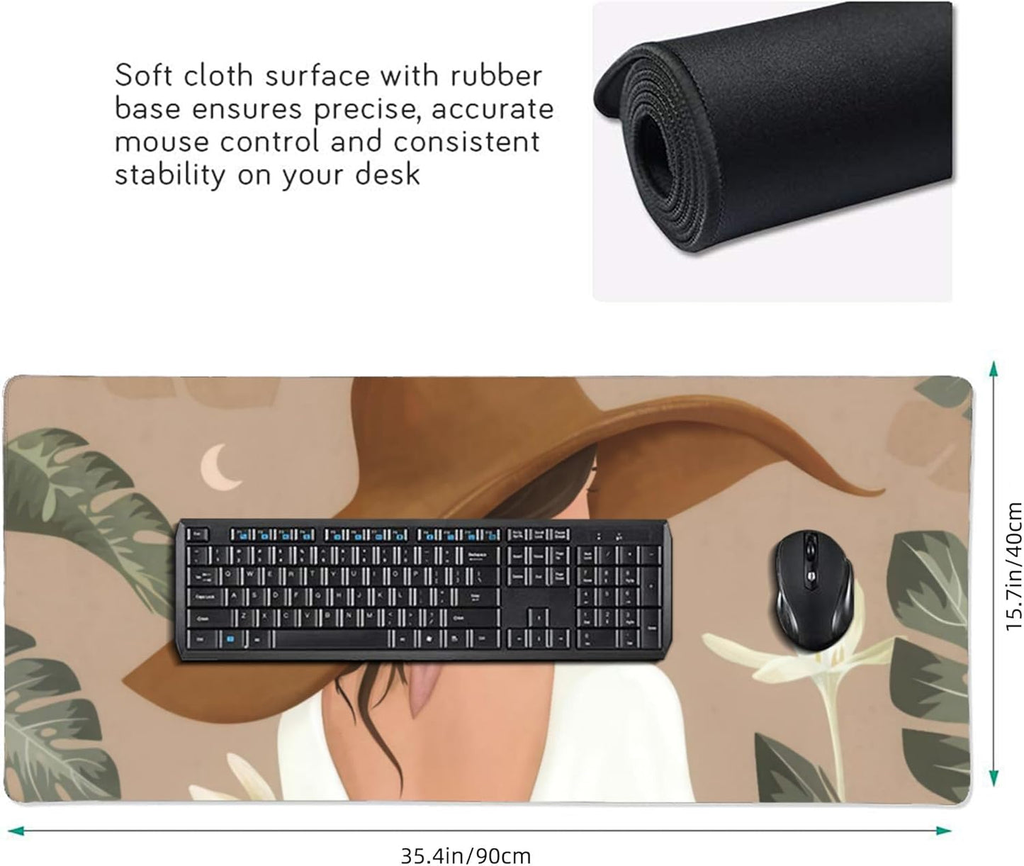 Elegant Lady Tropical Large Mouse Pad, Vintage Aesthetic Gaming Desk Mat, XXL Keyboard Desk Pad Mat for Desktop, 35.4"x15.7" Non-Slip Base Big Mousepad with Stitched Edges