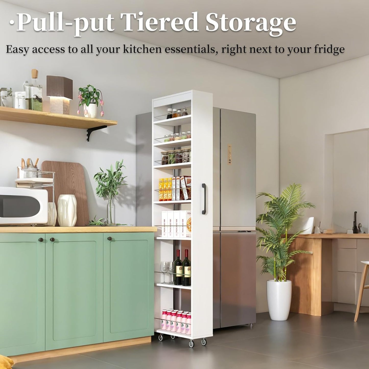JOYSOURCE Slim Pull-Out Kitchen Cart with 7 Tiers, Narrow Rolling Storage Cabinet for Next to Fridge, Tall 7-Tier Organizer Rack with Black Handles & Wheels White