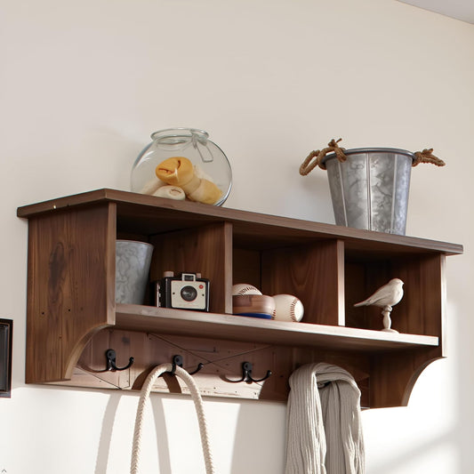 Revive Solid Wood Wall Mounted Coat Rack with 3 Cubbies and 4 Double Hooks – 36" Entryway Wall Shelf Organizer with Easy Installation for Hallway or Mudroom Storage by Alaterre Furniture (Natural)