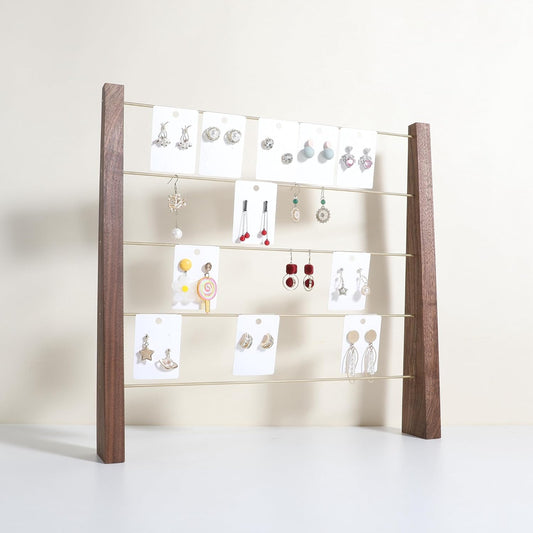 GemeShou 5 Tiers Walnut Earring display stands for selling, Wooden Jewelry Shelf, Earring Storage Organizer, Brass earring holders with 30 PVC cards for stud Dangle Hoop【Walnut 5-Tier】