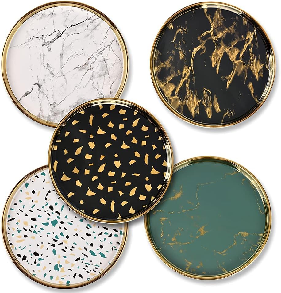 Small Round Black Decorative Tray – Marble Look Jewelry Dish, Perfume Organizer, Makeup Vanity Tray for Dresser, Counter, or Bedroom